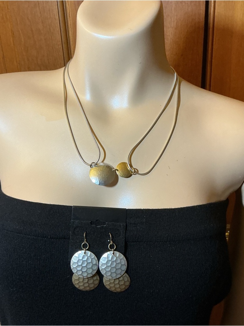 Baer Hammered Disc Necklace and Dangle Earrings Set - Gold Silver Tones